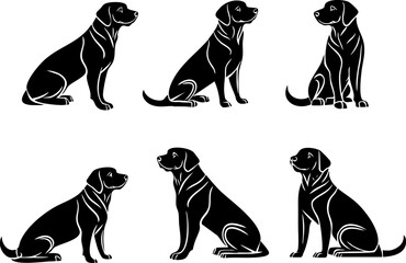 Wall Mural - A collection of black silhouette illustrations depicting dogs in various poses, showcasing their playful and friendly nature.