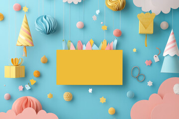 Wall Mural - Colorful paper decorations hanging around a yellow rectangular banner on a light blue background create a festive atmosphere