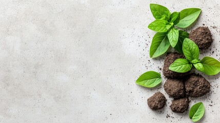 Canvas Print - Fresh basil sprigs on soil clumps.