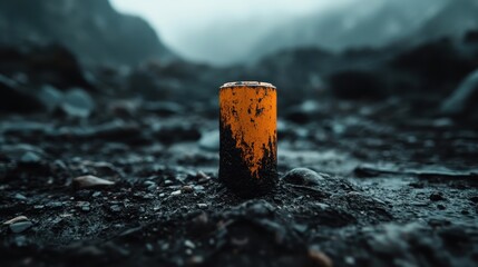 A solitary, worn-out orange battery stands on wet mud in front of gloomy, desolate hills, symbolizing exhaustion and the burden of modern technology.