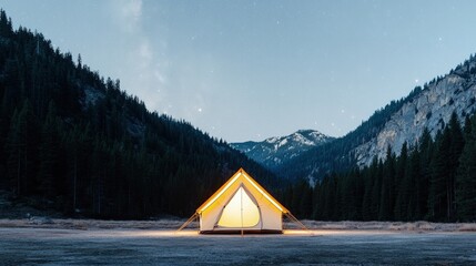 Canvas Print - Illuminated glamping tent in mountain valley at night.