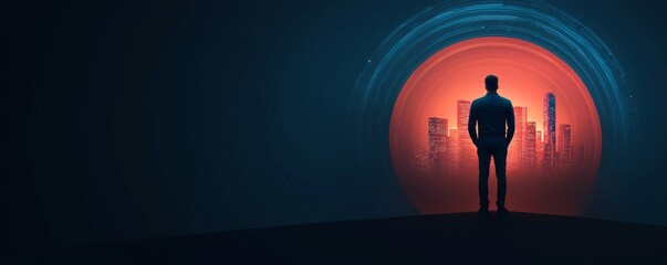 Wall Mural - A silhouetted figure stands against a vibrant, circular backdrop featuring urban elements, evoking a sense of solitude and contemplation.