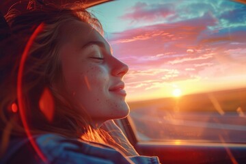 Wall Mural - happy young woman enjoying in car at sunset