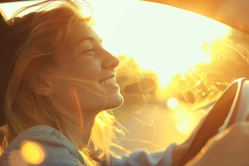 Wall Mural - happy young woman enjoying in car at sunset