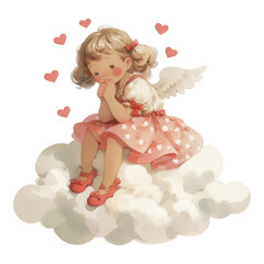 A sweet, cherubic girl with angel wings sits on a fluffy cloud, surrounded by hearts, wearing a polka-dotted dress and red shoes.