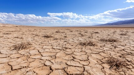 A barren landscape with dead plants and a cloudless sky showing the effects of drought.