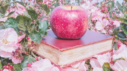 Wall Mural - Red apple on antique book amidst pink blossoms.