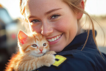 A young woman with freckles smiles warmly while holding an adorable ginger kitten close to her.