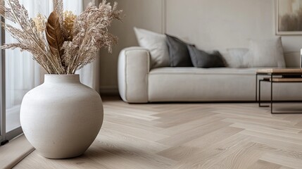Wall Mural - close-up of classic herringbone parquet floors in a neutral-toned living room with stylish accents