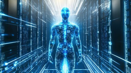 Poster - Cybernetic humanoid figure in digital landscape sci-fi concept virtual environment futuristic viewpoint