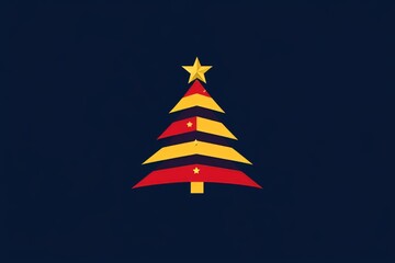 Wall Mural - in a festive and cheerful scene, a cartoonish christmas tree, colored red and yellow with a star on 