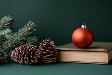 Wall Mural - In a room with a green wall and a Christmas tree, there is a stack of books with a red ball on top.