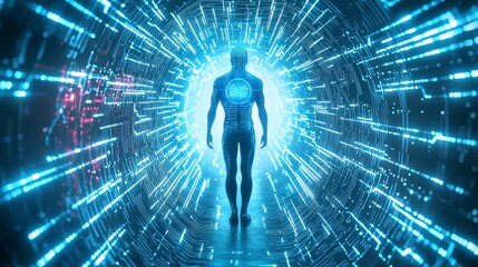 Aufkleber - Futuristic ai with glowing blue core digital realm sci-fi art cyber environment perspective of technology