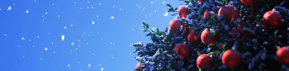 Wall Mural - A Christmas tree decorated with red ornaments, with snow falling, and a blue and white background.