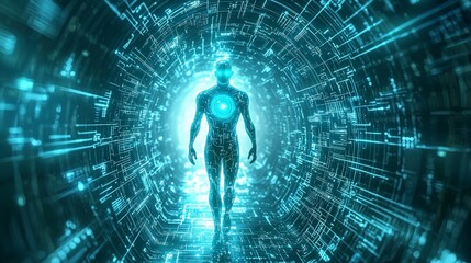Fototapete - Futuristic ai with glowing blue core navigates digital realm sci-fi environment virtual space immersive technology