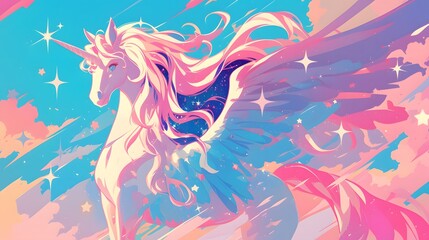 Whimsical pink unicorn with pastel galaxy sky and stars, 2D fantasy anime style