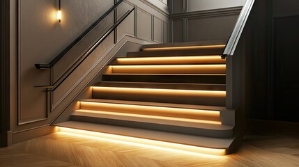 Wall Mural - elegant staircase with parquet flooring at the landing, complemented by a sleek handrail and subtle 