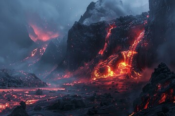 Wall Mural - Molten lava flowing from the mouth of an erupting volcano at twilight