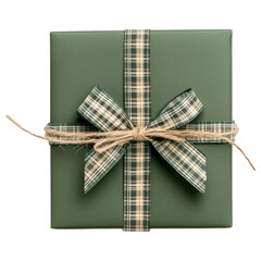 A neatly wrapped green gift box adorned with a plaid ribbon and twine bow, perfect for special occasions.