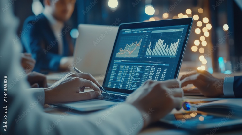 Person working on a laptop with charts and graphs on desk, analyzing ...