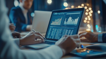 Wall Mural -  Person working on a laptop with charts and graphs on desk, analyzing data for business or finance in an office setting. 
