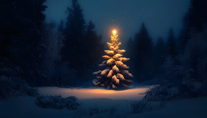 Wall Mural - Snow covered christmas tree in winter forest with copy space at night