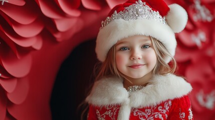 Wall Mural - very cute little Russian girl, Wearing red traditional Russian clothes walking down the runway as snow princess with diamond tiara, white fur coat and hat, holding doll wearing ornate dress, jewelry