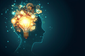 abstract concept of innovation with a head silhouette filled with light bulbs and gears, business co