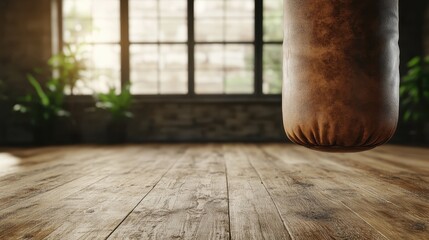 The image features a cozy gym space with large windows allowing light to illuminate a hanging punching bag over a wooden floor, surrounded by potted plants.