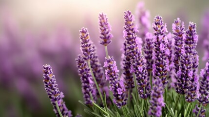 A close-up capture showcasing lavender flowers beautifully illuminated by gentle sunlight, with a soft-focus background, evoking warmth and nature's subtle elegance.