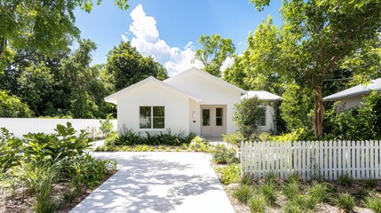 Canvas Print - Modern white house with white picket fence and landscaping.