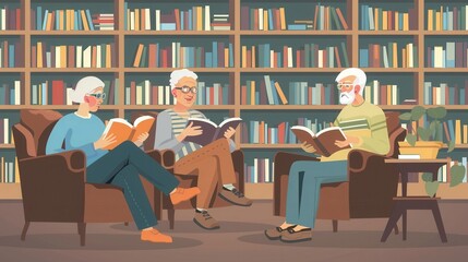 Poster - Elderly individuals engaged in reading and studying in a cozy library environment during the afternoon. Generative AI