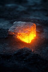 Wall Mural - Glowing Cube Rests On Dark Volcanic Ground