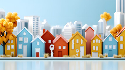 Fototapete - a colorful urban landscape featuring stylized houses, trees, and skyscrapers, set against a clear bl