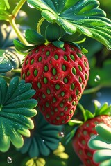 A close-up macro shot of a ripe, red strawberry on the plant, surrounded by green leaves with dew drops glistening in the morning sunlight,generative ai