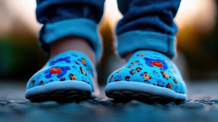 This image portrays a child wearing colorful slippers while standing on a pathway, symbolizing innocence and playfulness, creating a joyful and carefree atmosphere of childhood.