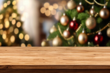 Wall Mural - Empty wooden table top blurred christmas tree with yellow bokeh on background. Christmas xmas tree with festive bokeh light holiday on wood table blur  room with a christmas tree background, suitable 