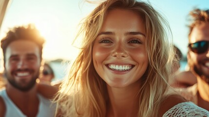 A young woman, basking in sunlight, shares a joyful moment with friends outdoors, embodying positivity and happiness under a clear blue sky, vibrant and carefree.