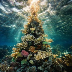 Wall Mural - A dazzling underwater Christmas tree made of colorful coral reefs.