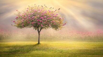 Wall Mural - a magical rose tree with vibrant blossoms, surrounded by small birds under soft golden light, creati