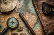 © tolem929 - Antique compass, magnifying glass, old map, book, and glasses on a wooden table.