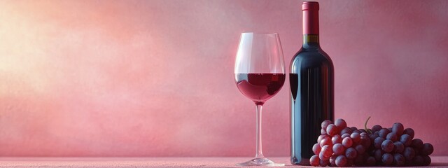 Poster - Red wine bottle and glass with fresh grapes on a pink background showcasing a peaceful and elegant setting for a