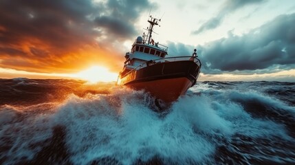 a vessel battles strong ocean waves during a breathtaking sunset, presenting a vivid scene of persev