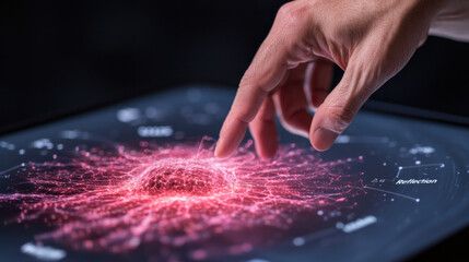 Wall Mural - 2025 reflection and growth concept. hand touching glowing digital interface with vibrant red pattern