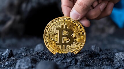A gold bitcoin coin resting in a dark cave surrounded by miners.