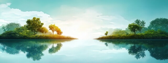 Poster - A tranquil river reflecting the sky surrounded by blooming summer trees