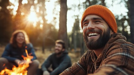 Wall Mural - A group of friends sharing laughter around a cozy campfire in a peaceful forest, conveying warmth, friendship, and the beauty of nature under a calm sunset.