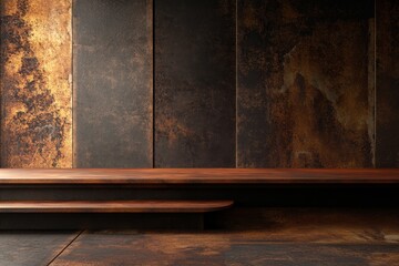 Wall Mural - Warm and textured wall with wooden bench showcases modern interior design elements and materials