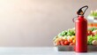 © Navaporn - A red fire extinguisher stands beside a tray of fresh vegetables, emphasizing safety in cooking environments.