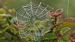 © Victor - Close up image of a spider web with dew drops and a spider against a blurred green background